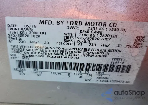 2018 Lincoln Mkx Reserve z USA, uszkodzony, nr VIN 2LMPJ6LP2JBL41519